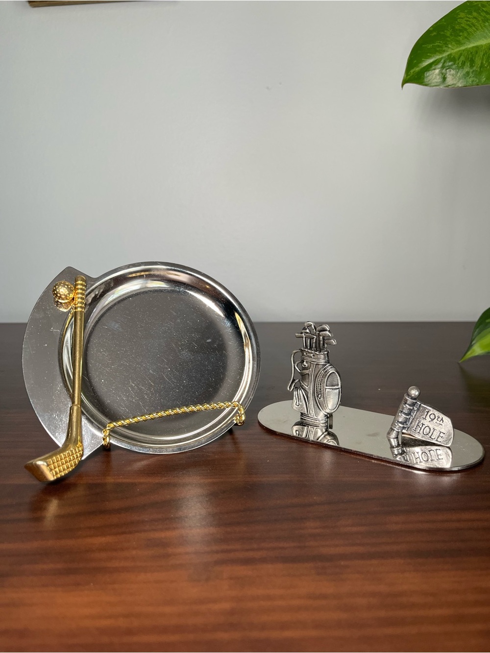 Vintage Golf Desk Decor Set Brass & metal Catchall Tray and Business Card Holder